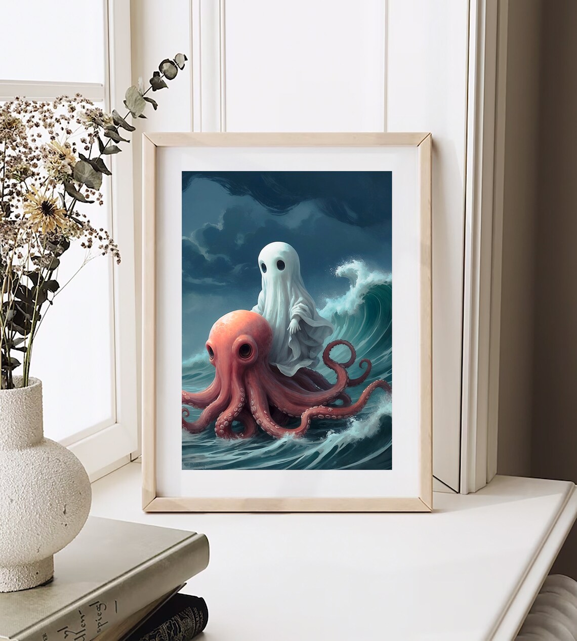 Ghost Riding A Giant Red Octopus On Stormy Ocean Waves Whimsical Art Print - Image 2