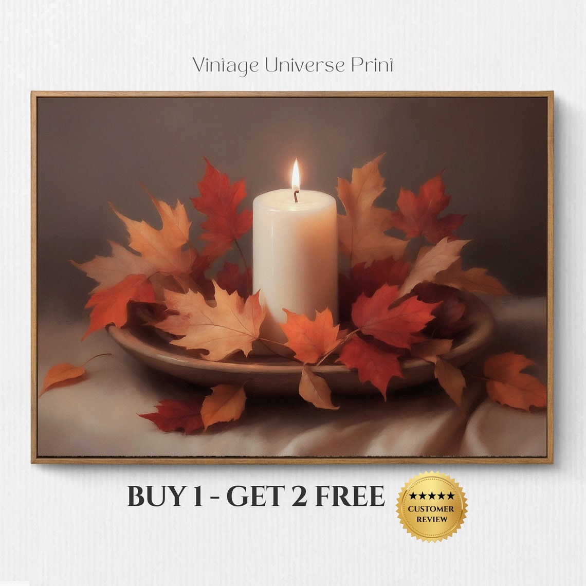 Lit Candle With Red Fall Leaves Still Life Autumn Home Decor Poster