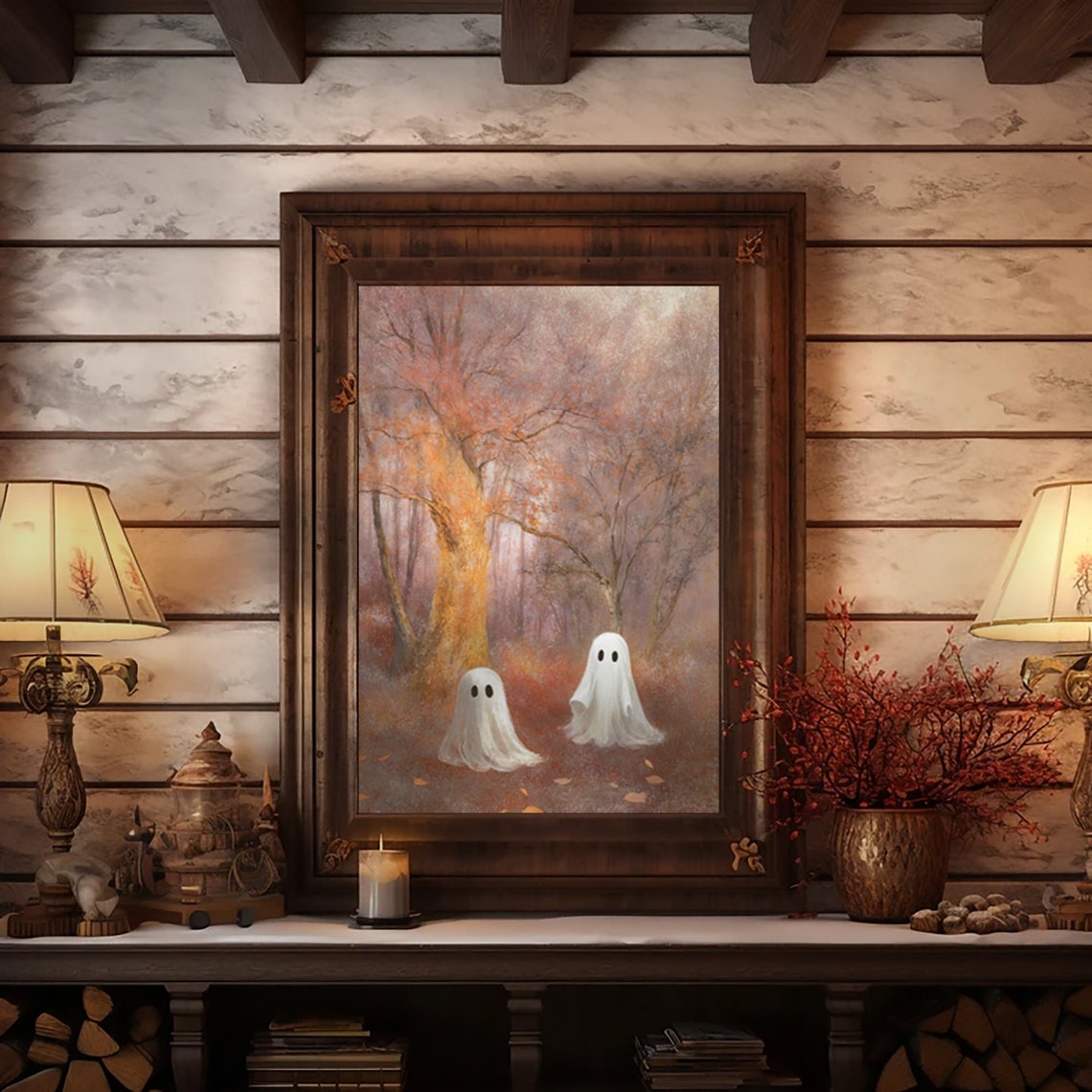 Two Ghosts In Pink Autumn Forest Mist Vintage Halloween Decor Poster - Image 2