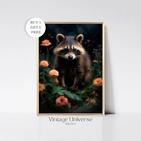 Raccoon Print Woodland Animal Painting Cottagecore Wall Art Forest Decor Moody Wall Art Nature Aesthetic Vintage Oil Painting