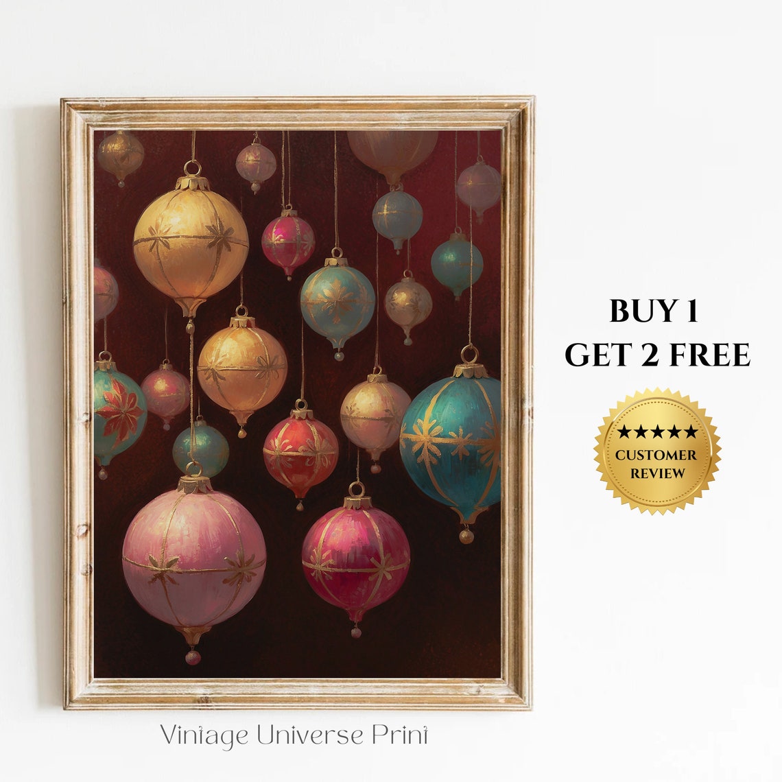 Colorful Christmas Ornaments Baubles On Deep Dark Red Wall Art