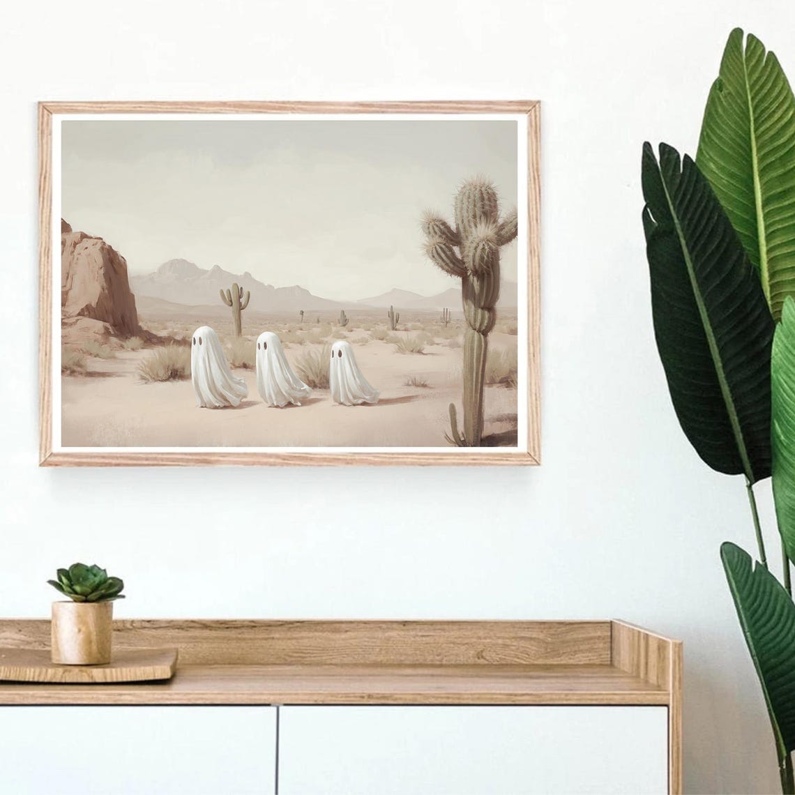 Ghost In The Desert Landscape Wall Art Western Halloween Decor Desert Cactus Wall Art Cute Rodeo Ghost Art Print - Image 2