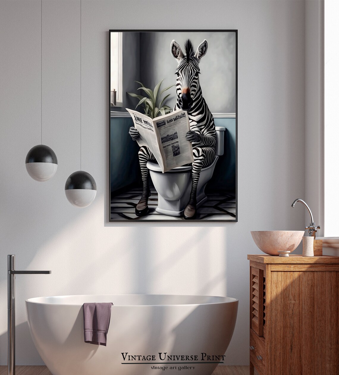 Zebra Sitting on a Toilet Reading the Newspaper Funny Bathroom Wall Art - Image 5