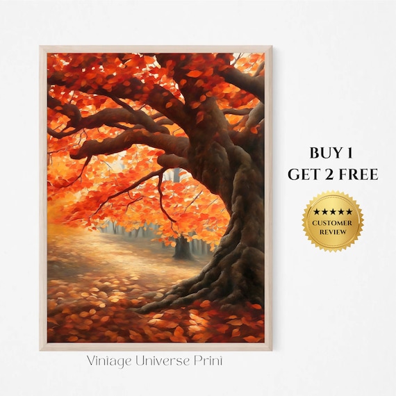 Giant Old Tree With Red Autumn Leaves In Golden Light Wall Art
