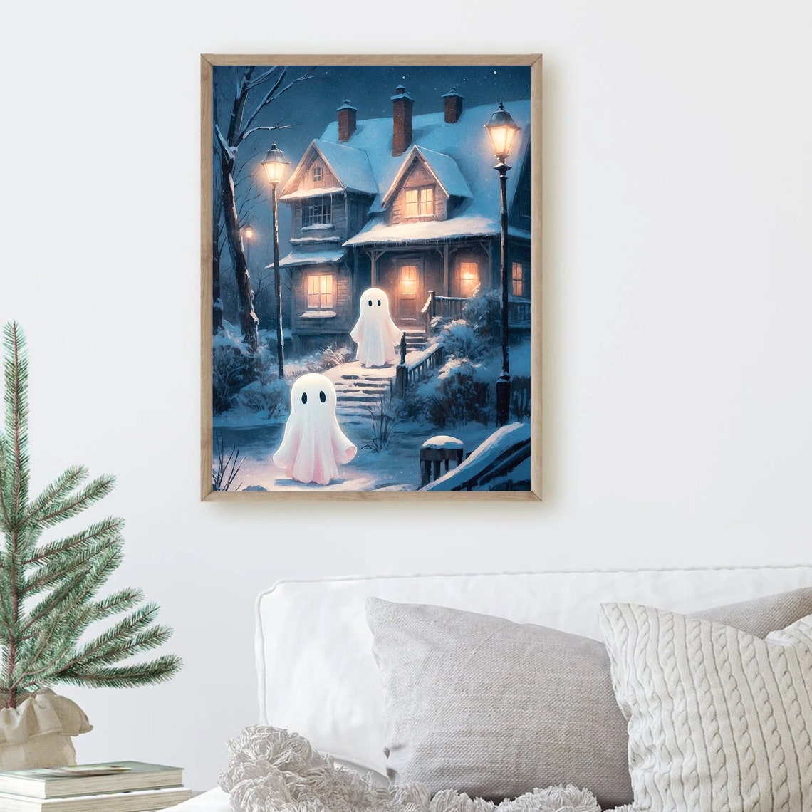 Two Ghosts Visiting Snowy House at Night Under Lamplight Print - Image 4