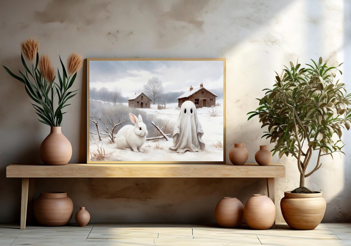 Ghost and White Rabbit Snowy Farmhouse Winter Landscape Print - Image 3
