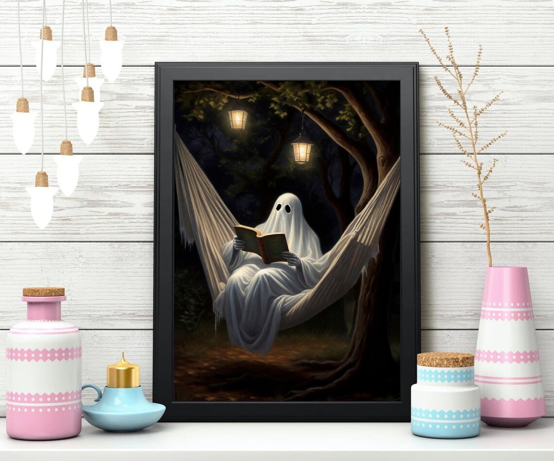 Ghost Reading a Book in a Hammock Under Hanging Lanterns at Night Poster - Image 2