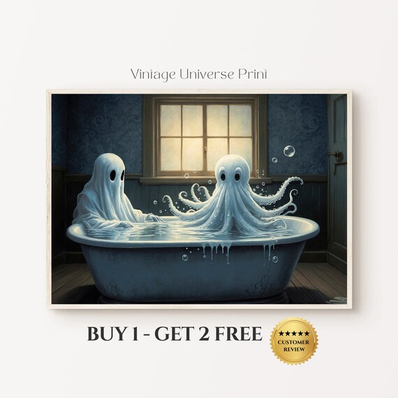 Bathroom Art Ghost In Bath With Octopus Ghost Bathroom Wall Decor Ghost Painting Funny Bathroom Print Ghost Bathroom Poster 166