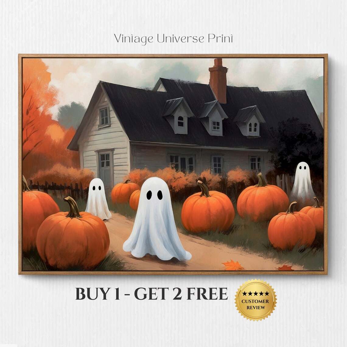 Cute Ghosts Gathering Pumpkins At A Spooky Autumn Farmhouse Halloween Art Poster