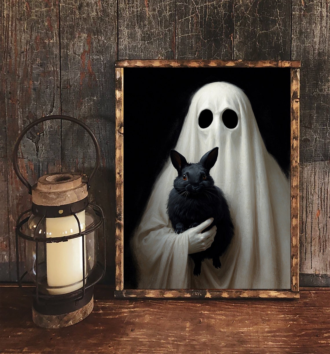 Ghost Holding Black Rabbit Painting Dark Romantic Ghost Cute Ghost Print Ghost Spooky Decor Alt Wall Art Halloween Jpg - Image 3