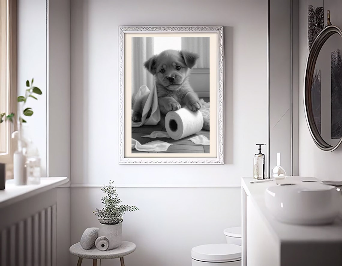 Playful Puppy With A Toilet Paper Roll Black And White Poster - Image 3