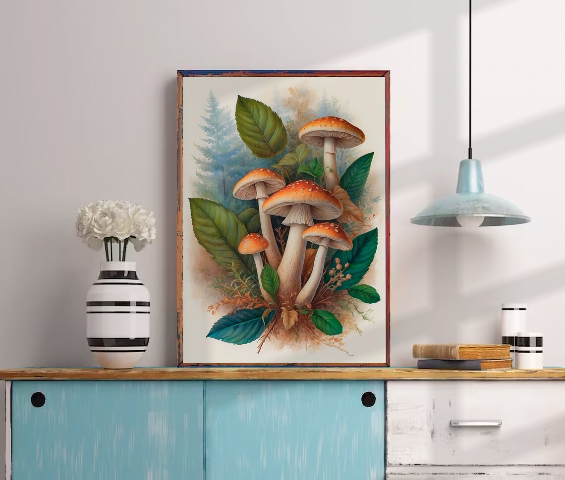 Vintage Orange Mushrooms Botanical Study Woodland Fungi Poster - Image 3