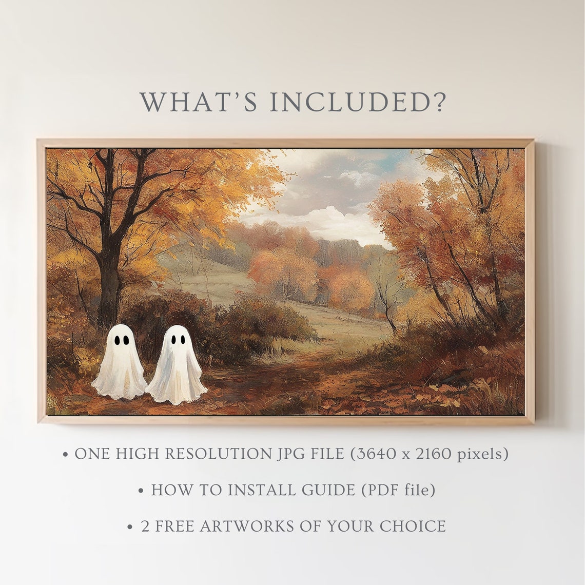 Two Cute Ghosts In Colorful Autumn Forest Path Halloween Art Poster - Image 5