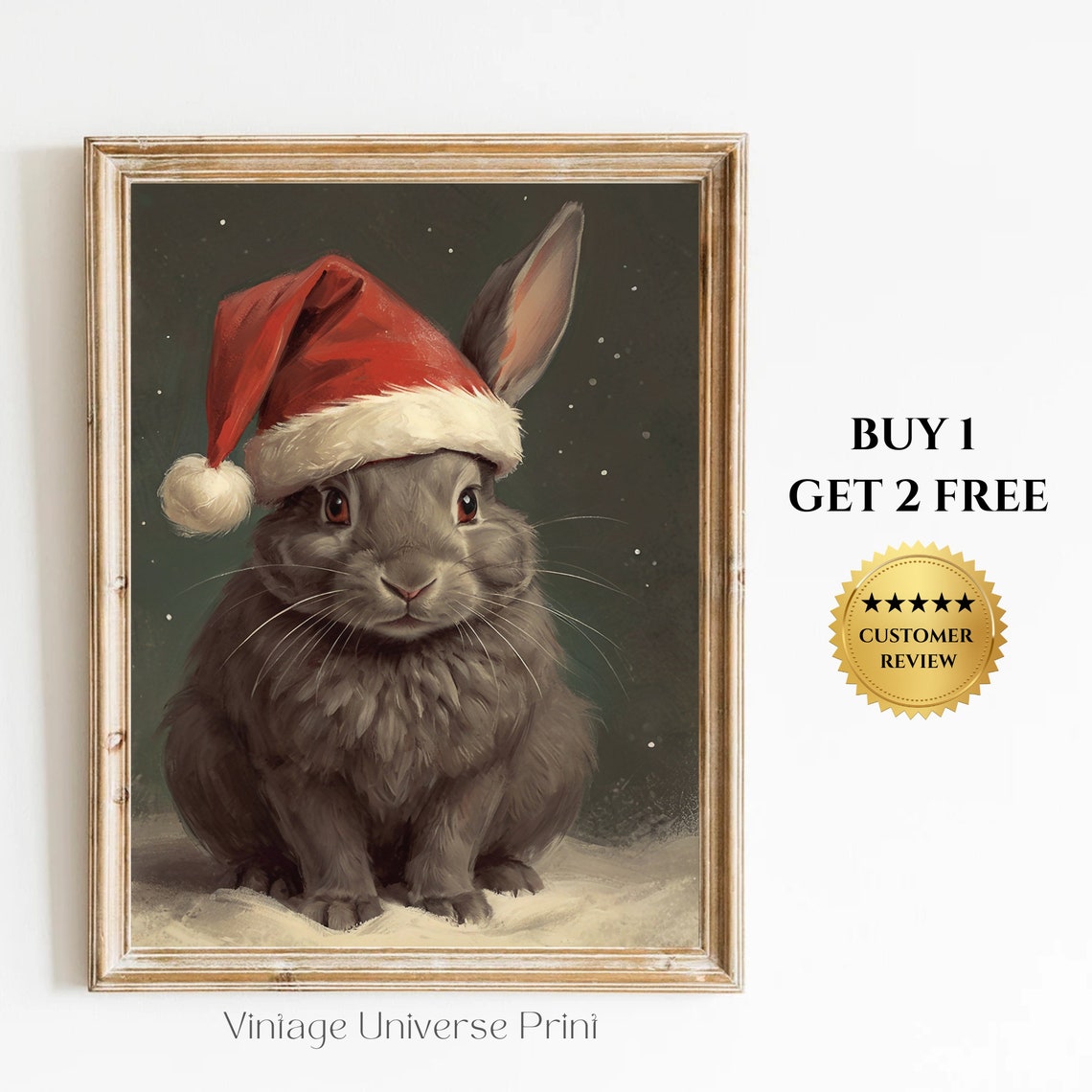 Bunny Christmas Print Vintage Christmas Wall Art Bunny Painting Winter Rabbit Oil Painting Pet Painting Bunny Hat Santa Christmas Decor