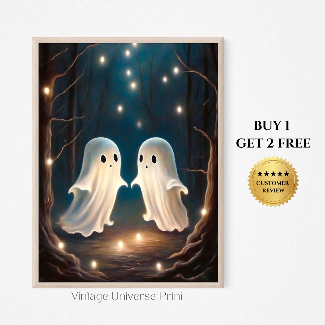 Couple Of Ghosts In The Moody Forest Fireflies Vintage Painting Little Ghost Art Print Halloween Wall Art Painting Dark Academia Decor