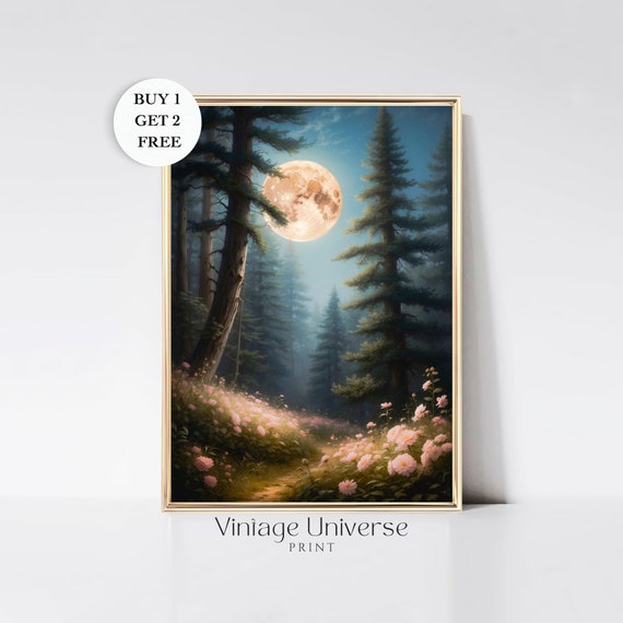 Vintage Full Moon In The Wood Painting Vintage Celestial Wall Art Moody Oil Print Dark Academia Decor Night Sky Painting Moon Wall Decor