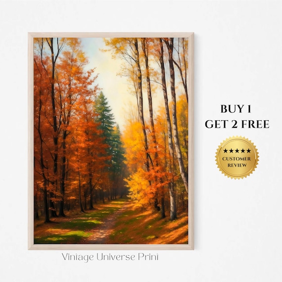 Autumn Forest Path Orange Fall Trees Vintage Oil Painting Poster