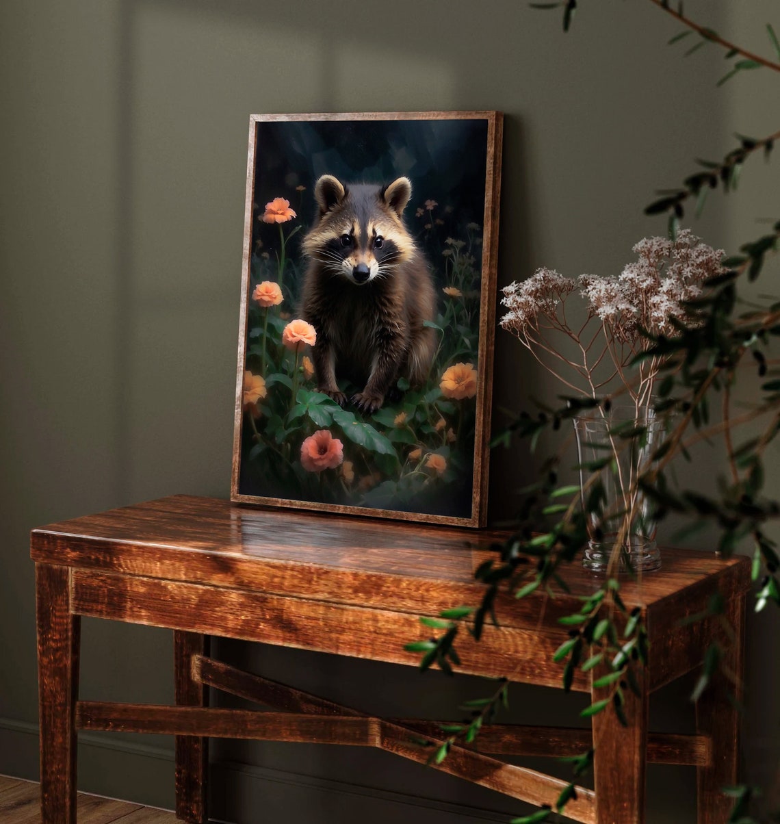Curious Raccoon Among Orange Flowers in a Dark Forest Night Poster - Image 3