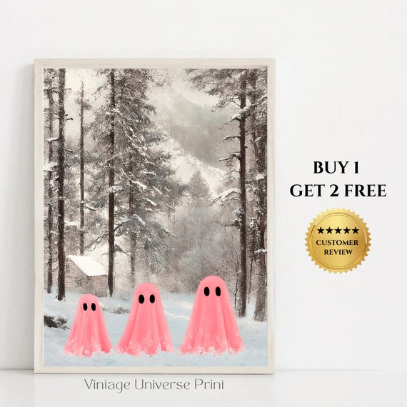Cute Ghosts In The Winter Forest Landscape Vintage Painting Forest Snowy Trees Winter Painting Rustic Christmas Holiday Art 07