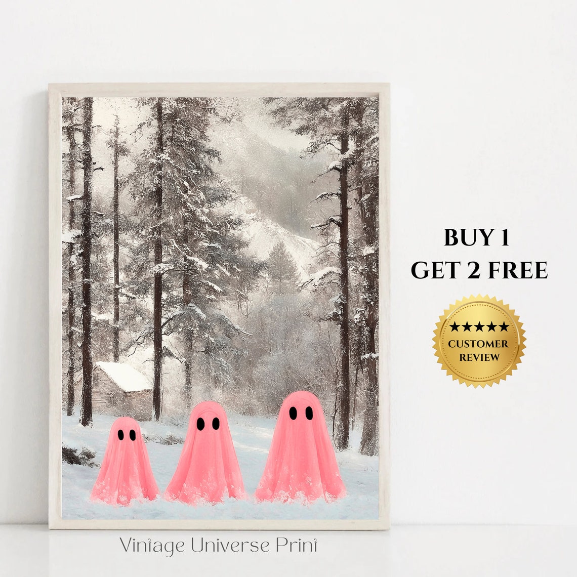 Three Pink Ghosts in Snowy Pine Forest Winter Holiday Scene Print