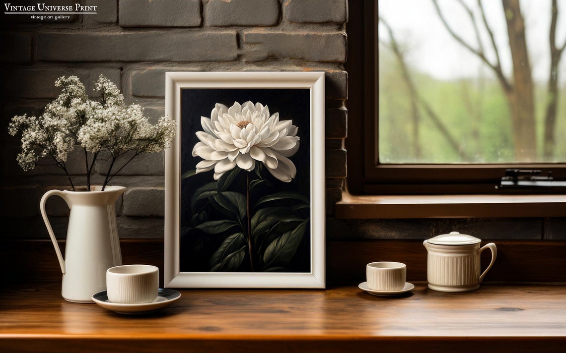 Elegant Giant White Dahlia Bloom Dark Moody Botanical Art Poster - Image 3