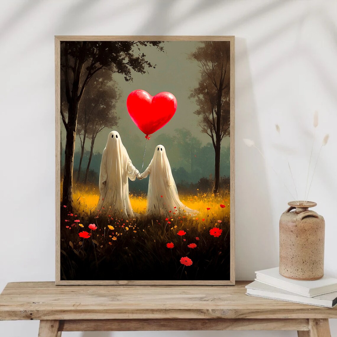 Two Ghosts In Love Holding A Red Heart Balloon In A Wildflower Field Art Print - Image 4