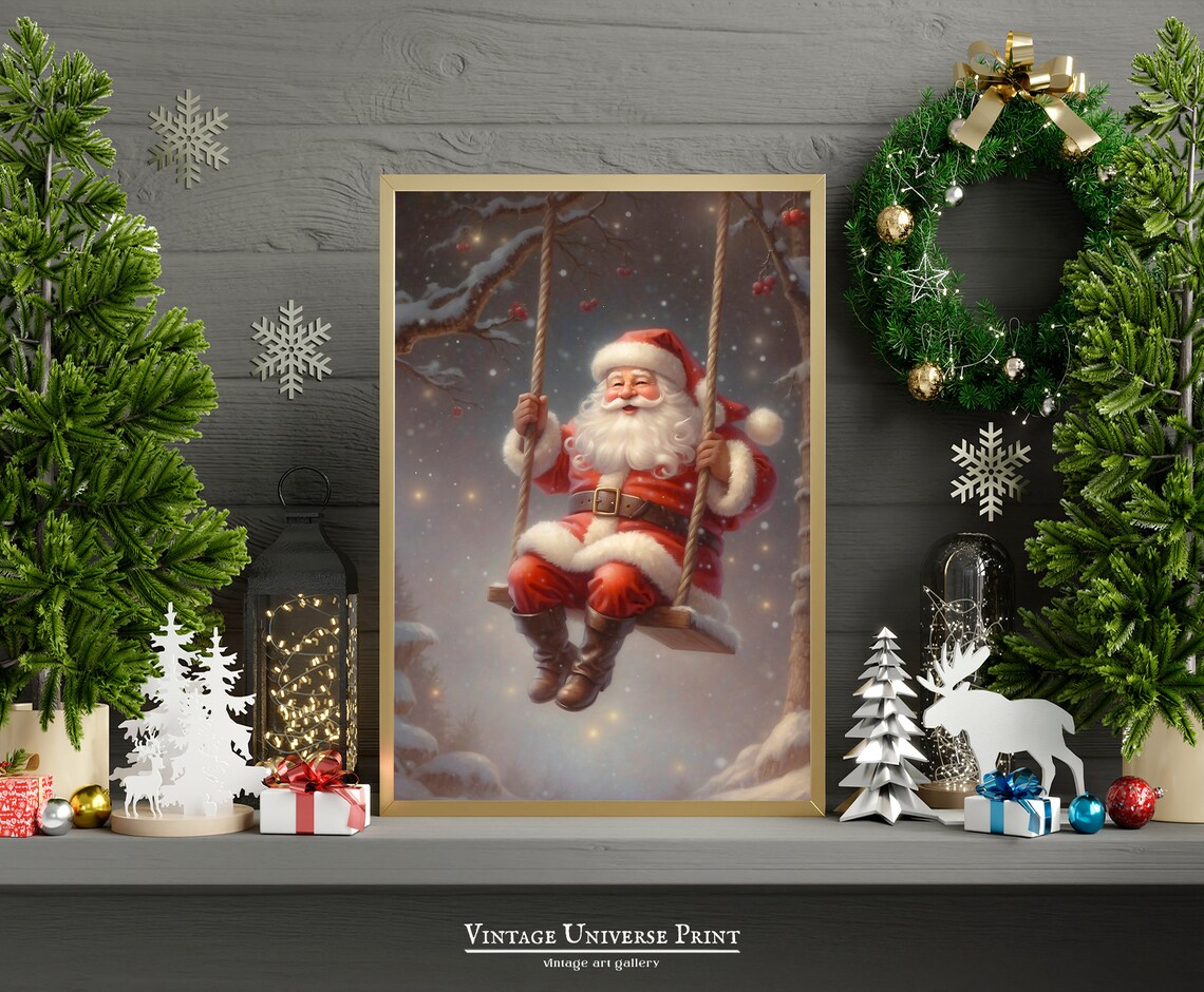 Santa Claus on Rope Swing Snowy Night Vintage Christmas Poster - Image 2