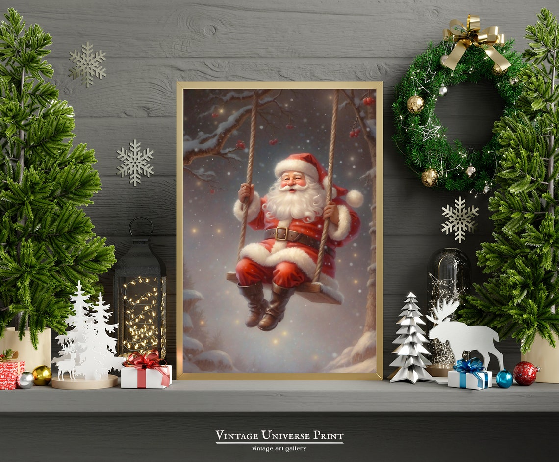 Swinging Santa Claus Vintage Painting Christmas Oil Painting Christmas Wall Art Retro Christmas Decoration Winter Print Noel Art Print - Image 2