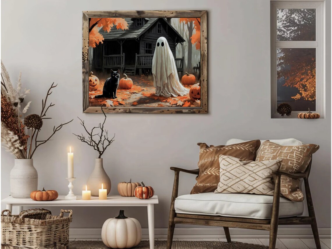 Ghost And Black Cat At A Haunted Autumn Cabin With Jack O Lanterns Art Print - Image 2