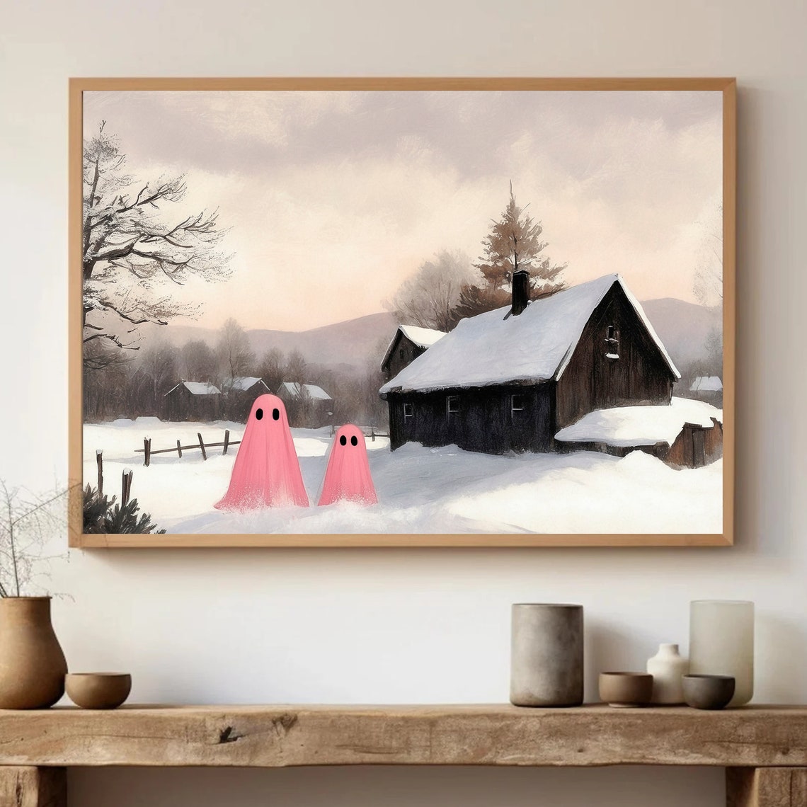 Two Pink Ghosts by Snowy Barn Rustic Winter Farm Scene Print - Image 3