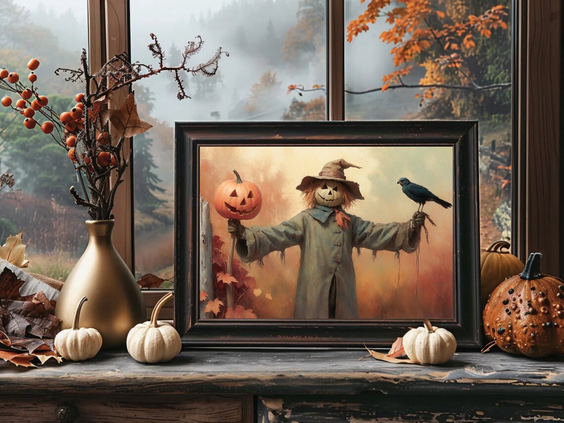 Pumpkin Head Scarecrow With Crow In Autumn Field Vintage Halloween Painting Poster - Image 4