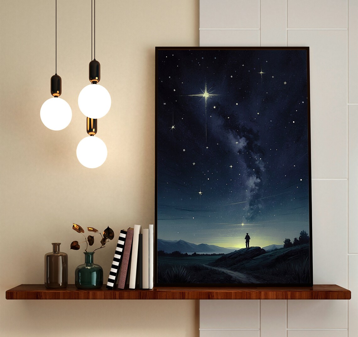 Lone Figure on Hill Under Bright Milky Way Starry Night Sky Wall Art - Image 3