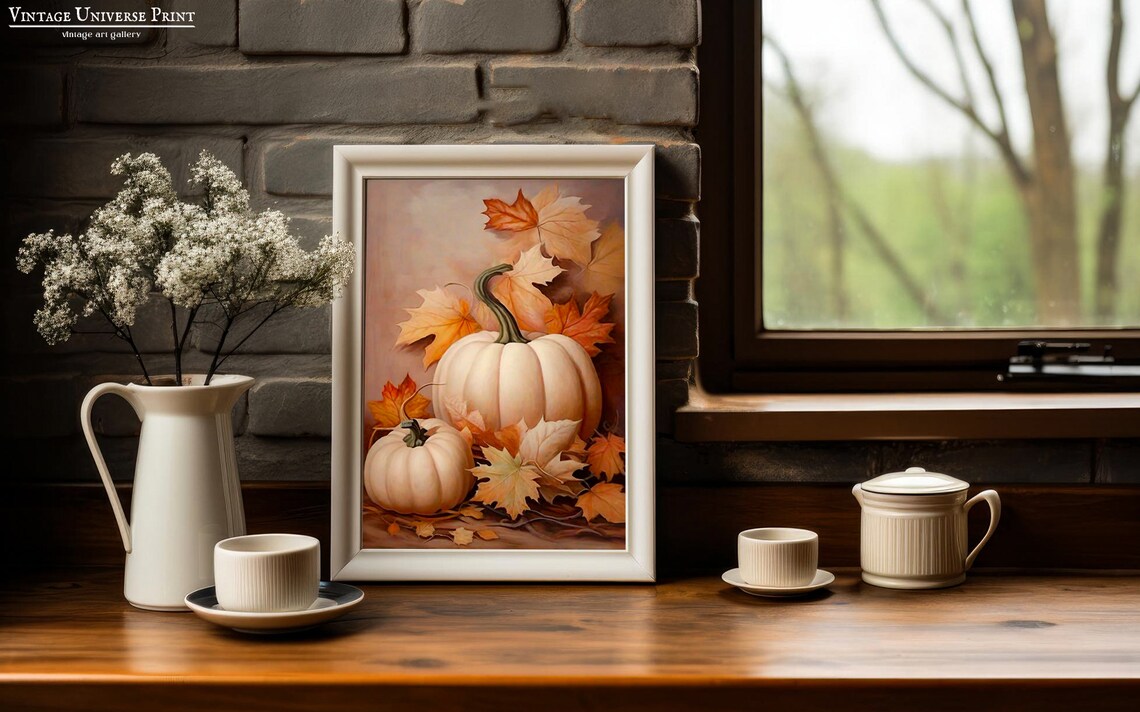 White Pumpkins Autumn Leaves Rustic Fall Still Life Painting Poster - Image 4