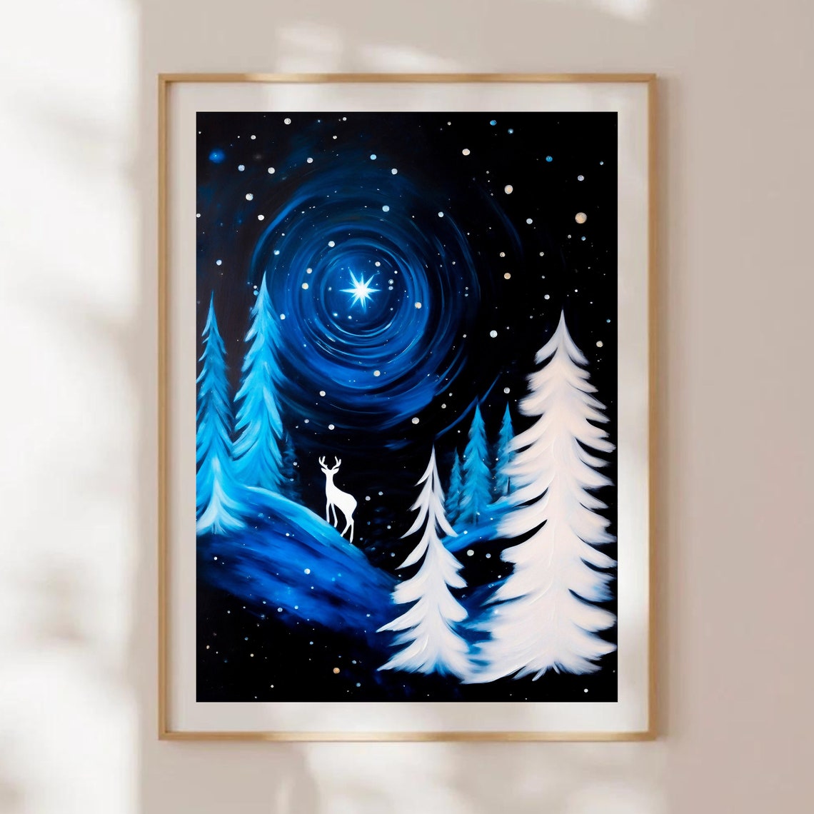 Starry Night Snowy Pines White Deer Glowing Star Winter Poster - Image 3