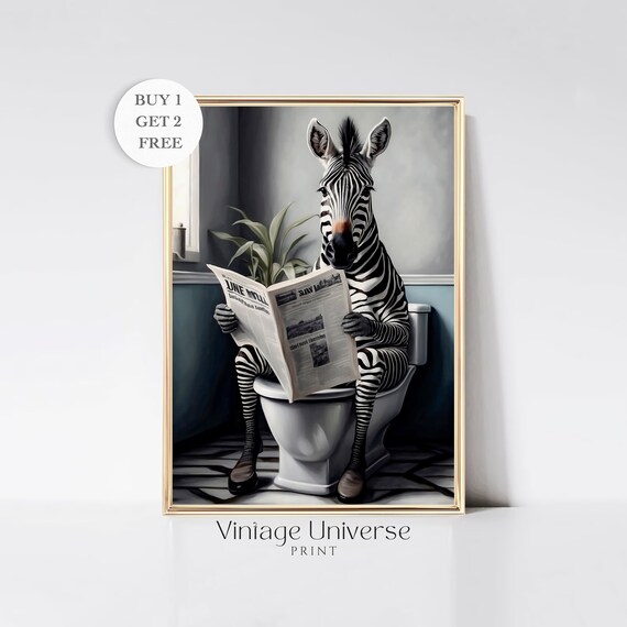Zebra Sitting on a Toilet Reading the Newspaper Funny Bathroom Wall Art