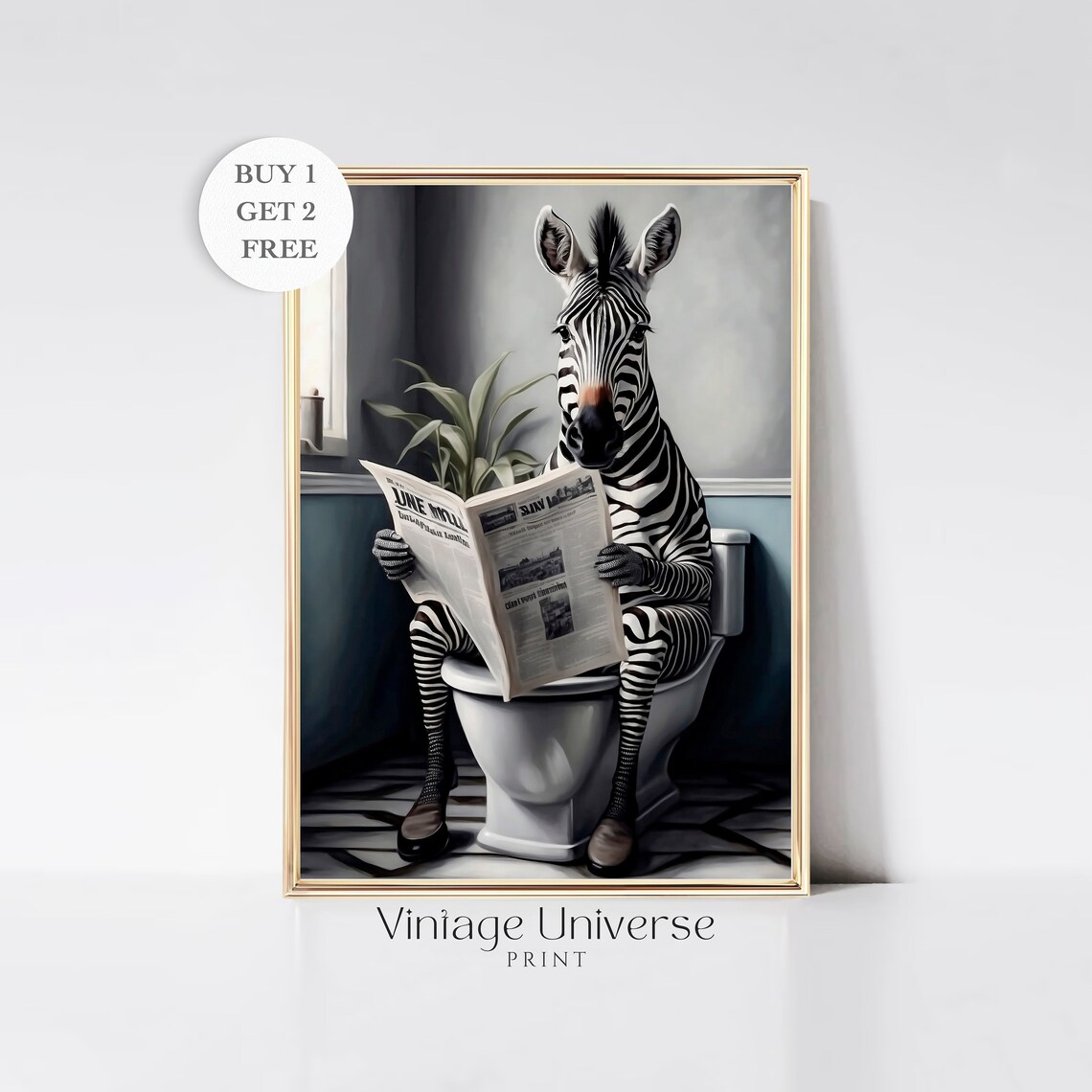 Zebra Sitting on a Toilet Reading the Newspaper Funny Bathroom Wall Art