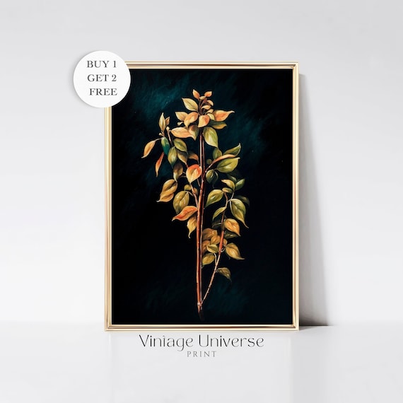 Autumn Branch with Golden Leaves Dark Botanical Study Poster
