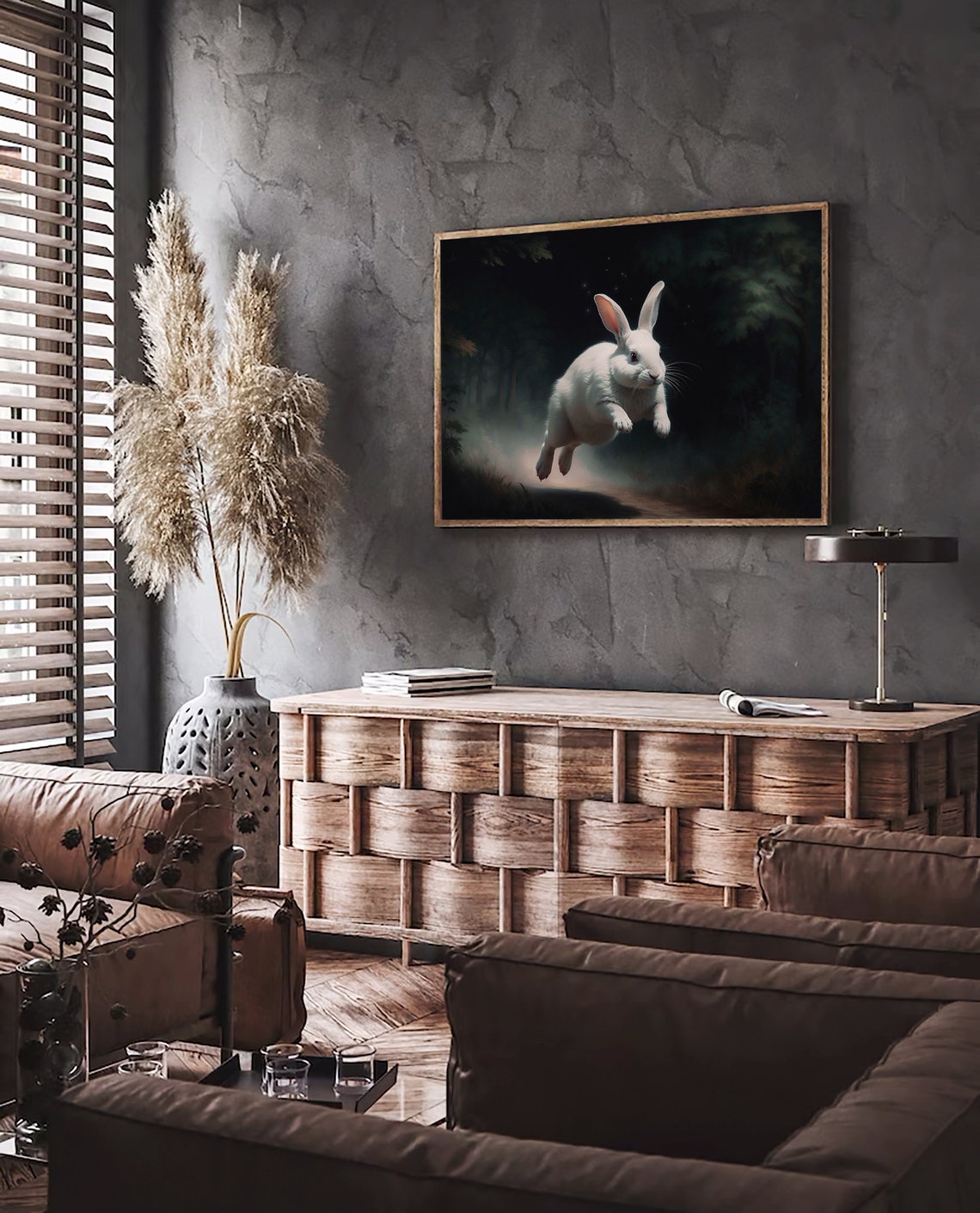 White Rabbit Leaping Through a Dark Misty Forest Night Art Print - Image 3