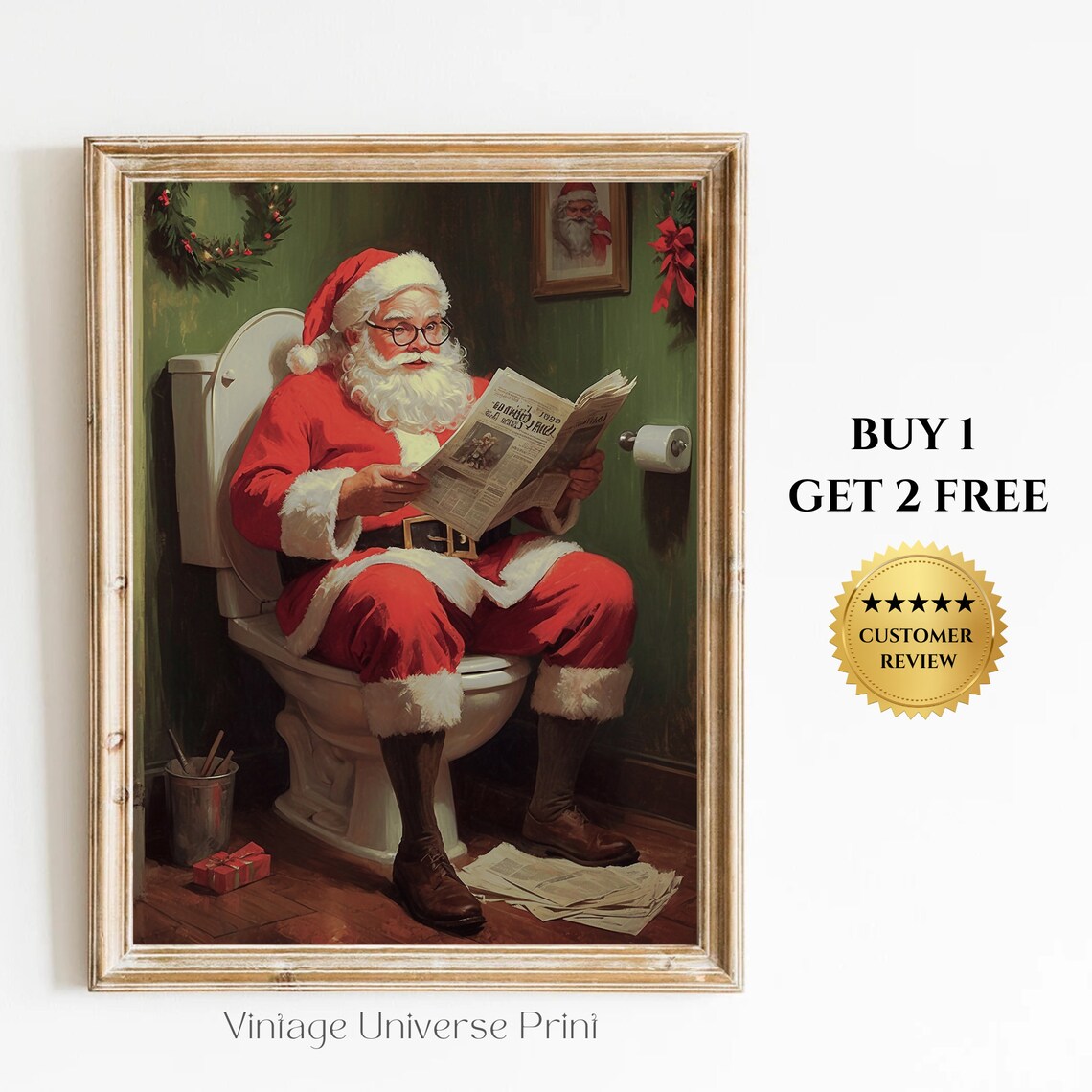 Santa Claus On Toilet Reading Newspaper Christmas Bathroom Art Poster