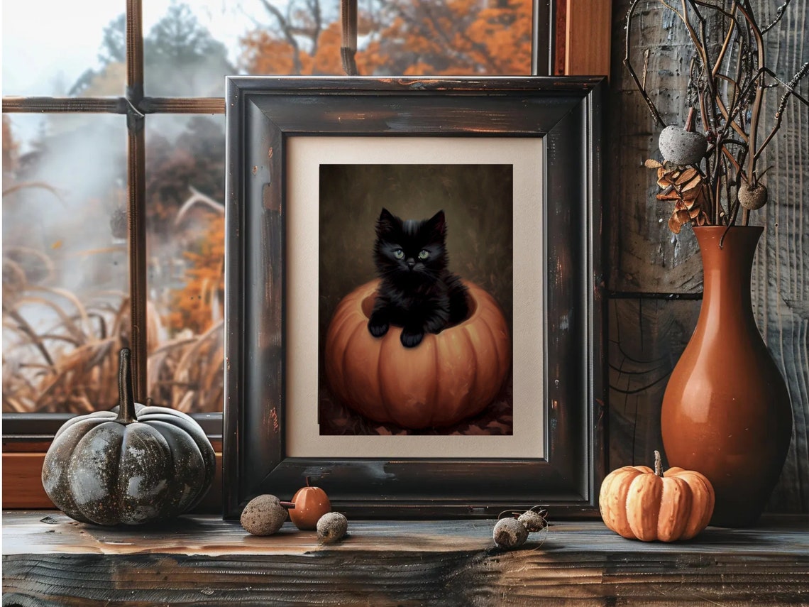 Black Kitten Hollowed Pumpkin Cute Halloween Kitty Art Print - Image 3