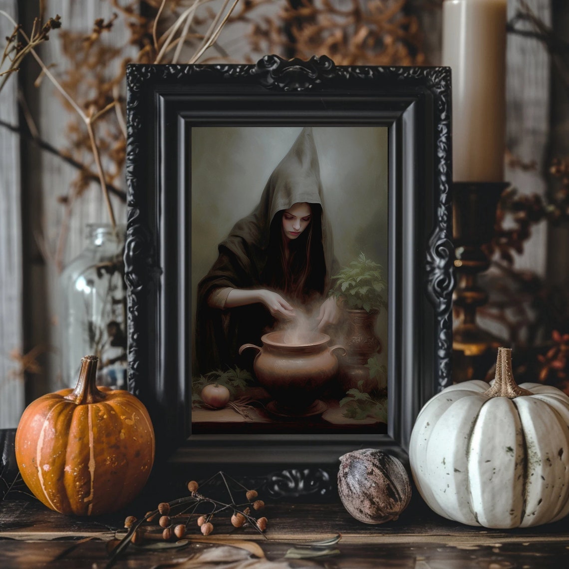 Hooded Witch Brewing A Potion In A Copper Cauldron Moody Poster - Image 2