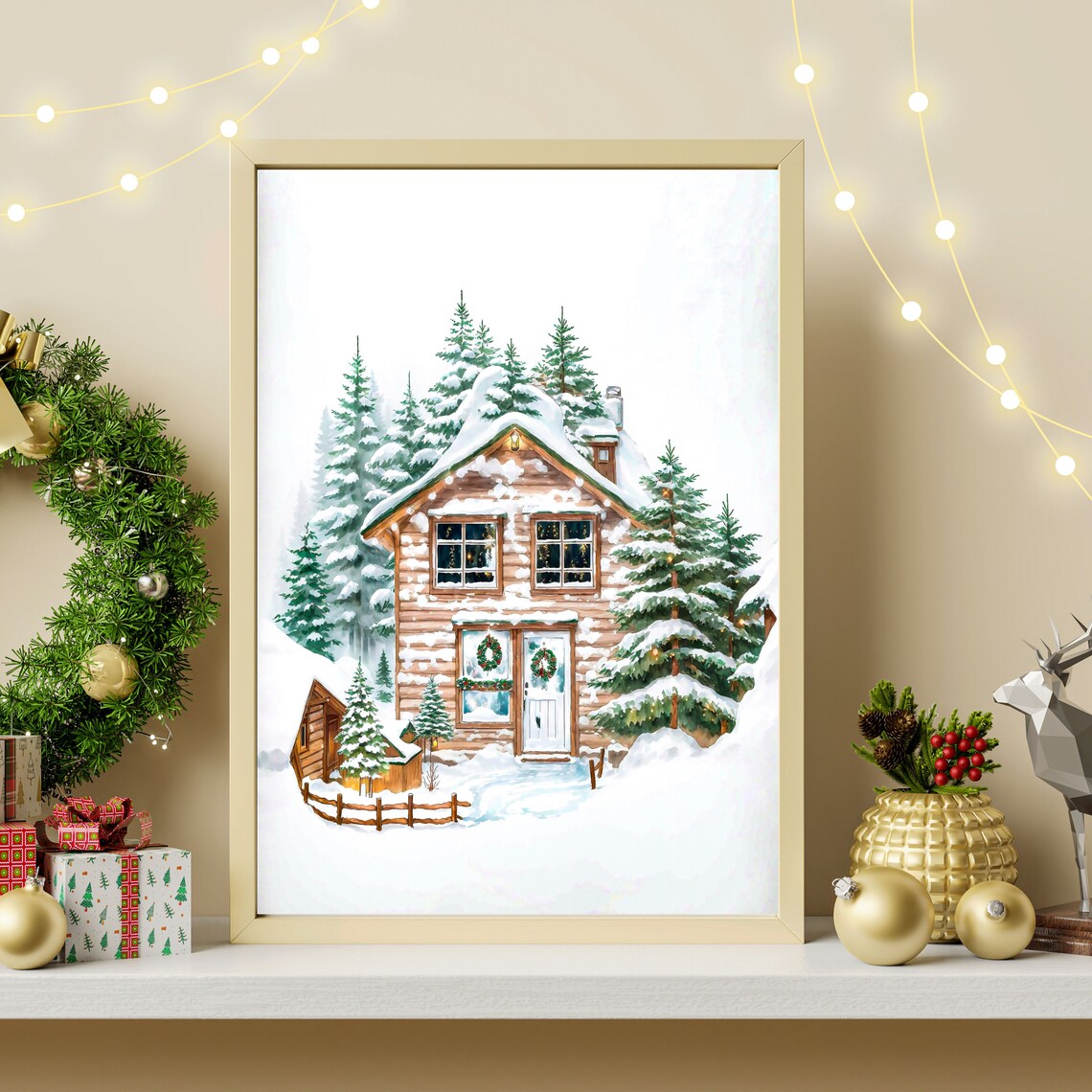Christmas Cabin Print Holiday Wall Art Christmas House Print Winter Forest Scene Print Farmhouse Christmas Decor Snowy Holiday Art - Image 3