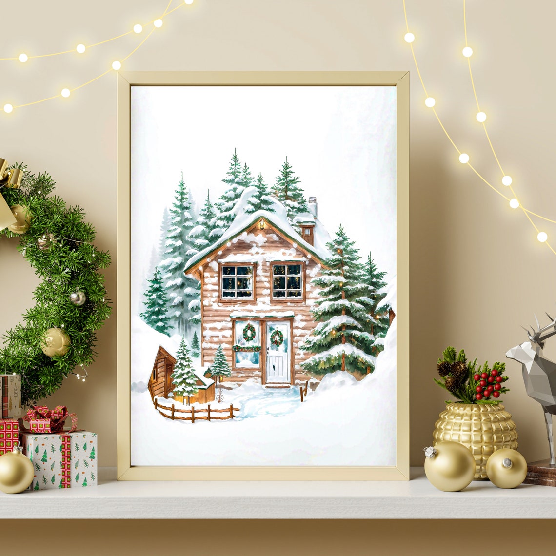 Cozy Snowy Log Cabin in a Winter Forest Christmas Eve Poster - Image 3
