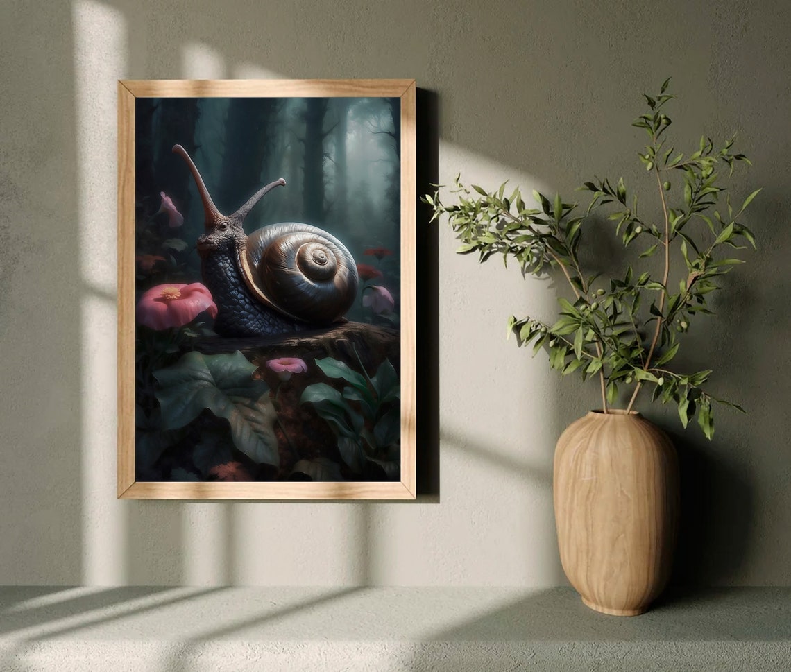 Giant Snail on a Log in a Misty Forest with Pink Flowers Art Print - Image 4