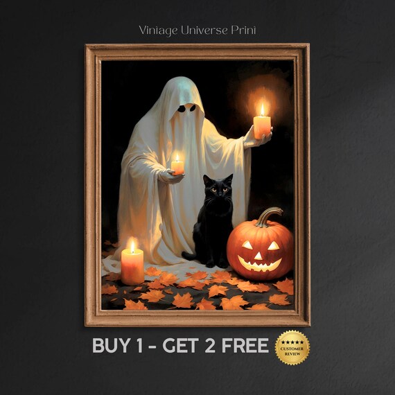 Ghost Holding Candles Beside A Black Cat And Jack O Lantern Halloween Art Print