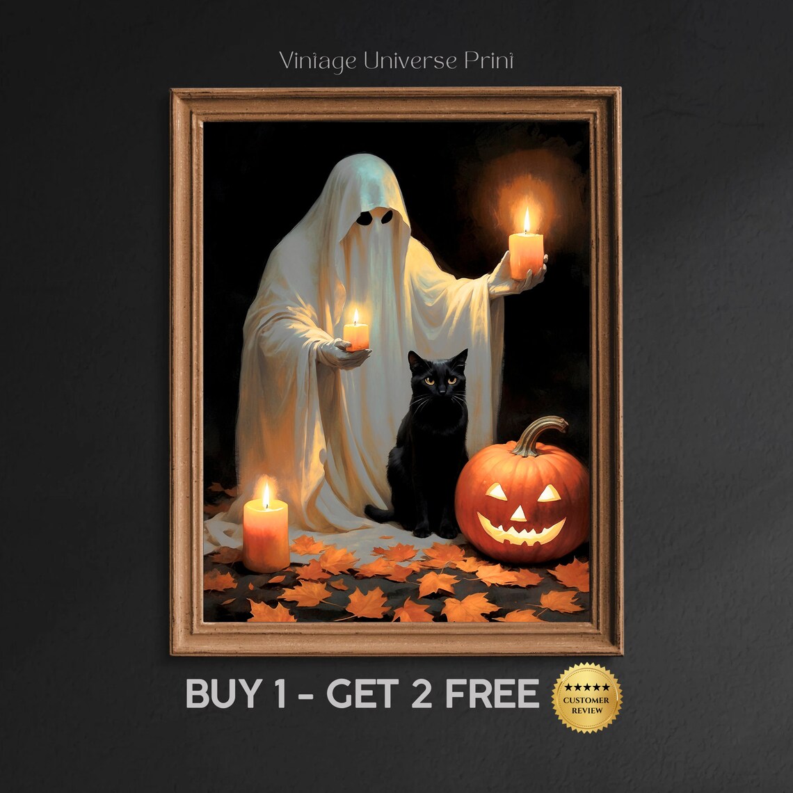 Ghost Holding Candles Beside A Black Cat And Jack O Lantern Halloween Art Print