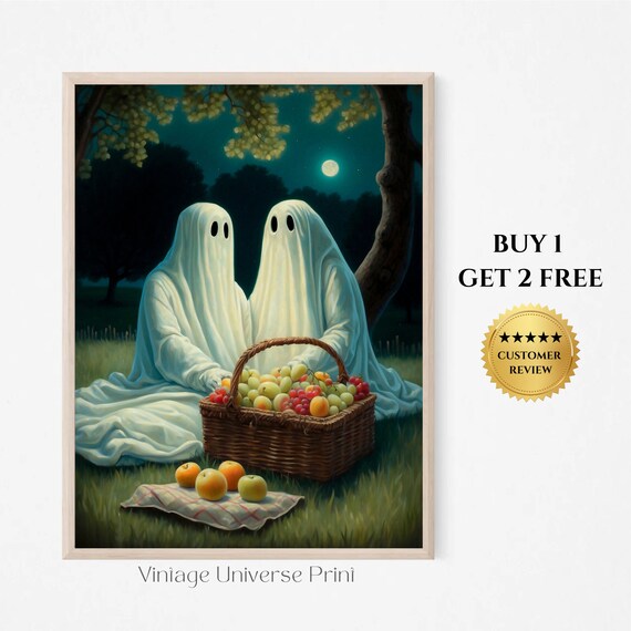 Ghosts Having A Picnic In Forest Art Print Moody Ghost Print Dark Academia Romantic Art Poster Print Spooky Poster Wall Art