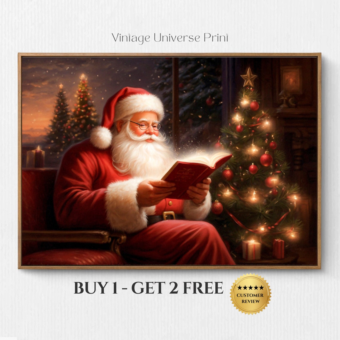 Santa Claus Reading Glowing Book by Christmas Tree Vintage Poster