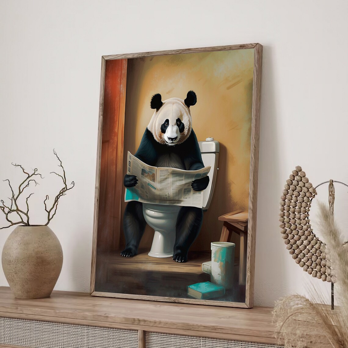 Sleepy Panda Reading A Newspaper On The Toilet Funny Art Poster - Image 3
