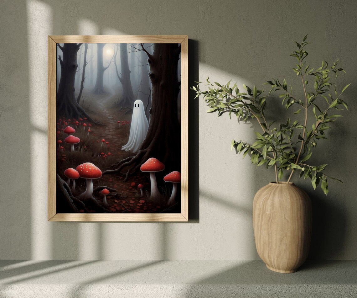 Lonely Ghost in a Foggy Forest Among Red Fly Agaric Mushrooms Spooky Poster - Image 3
